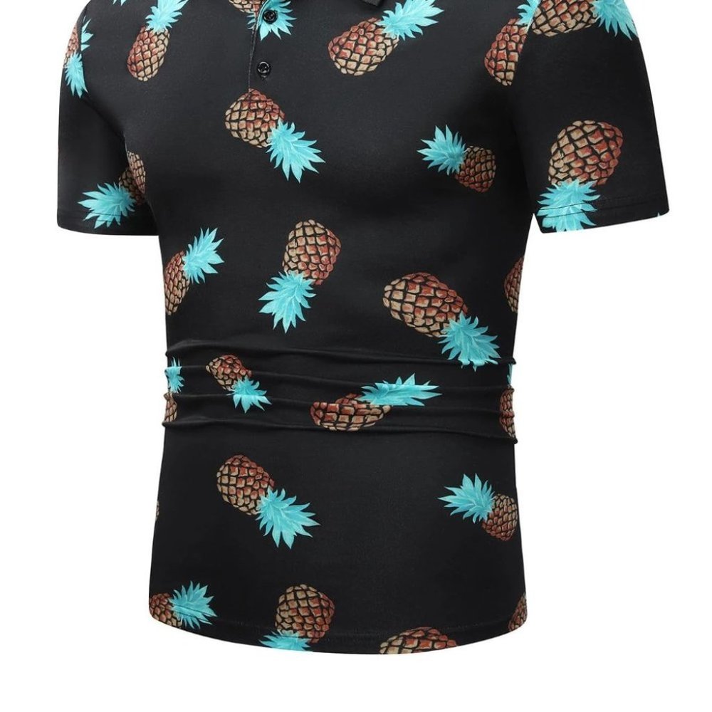 Casual Black Men's Pineapple Print Polo Shirt - Picture 2 of 6